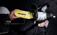 Person holding Superfeet's Hockey Playmaker Plus insole while putting the insole into a hockey skate. Text reads "+11% Quicker acceleration"