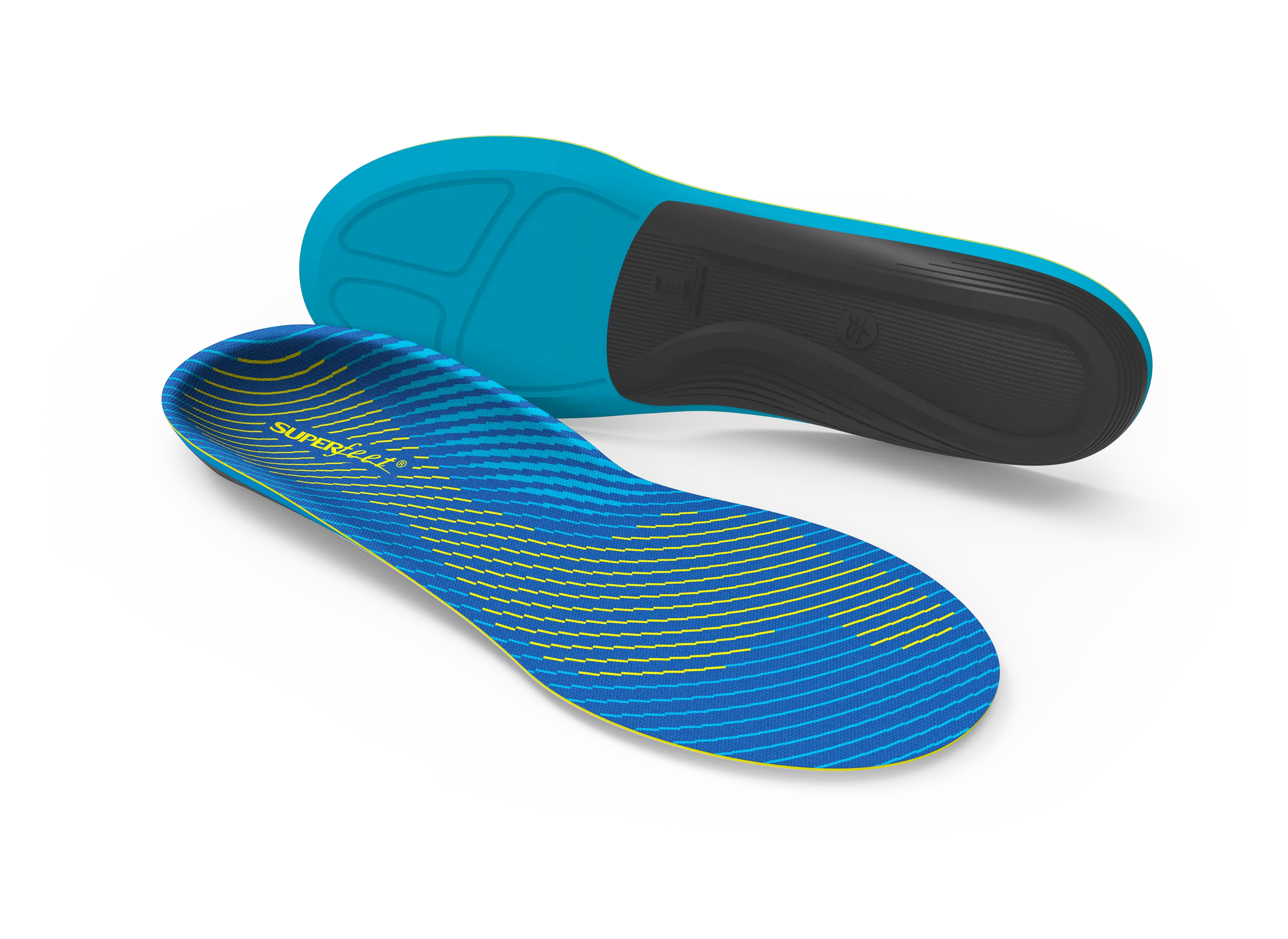 Blue and black shoe insoles on a white background