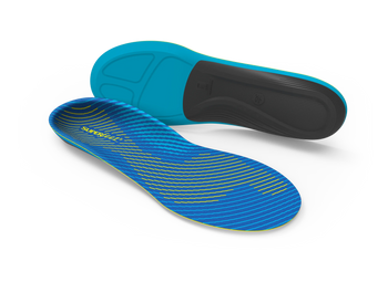 Blue and black shoe insoles on a white background