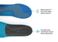 Shoe insole with blue top cover and black heel area, labeled for features.