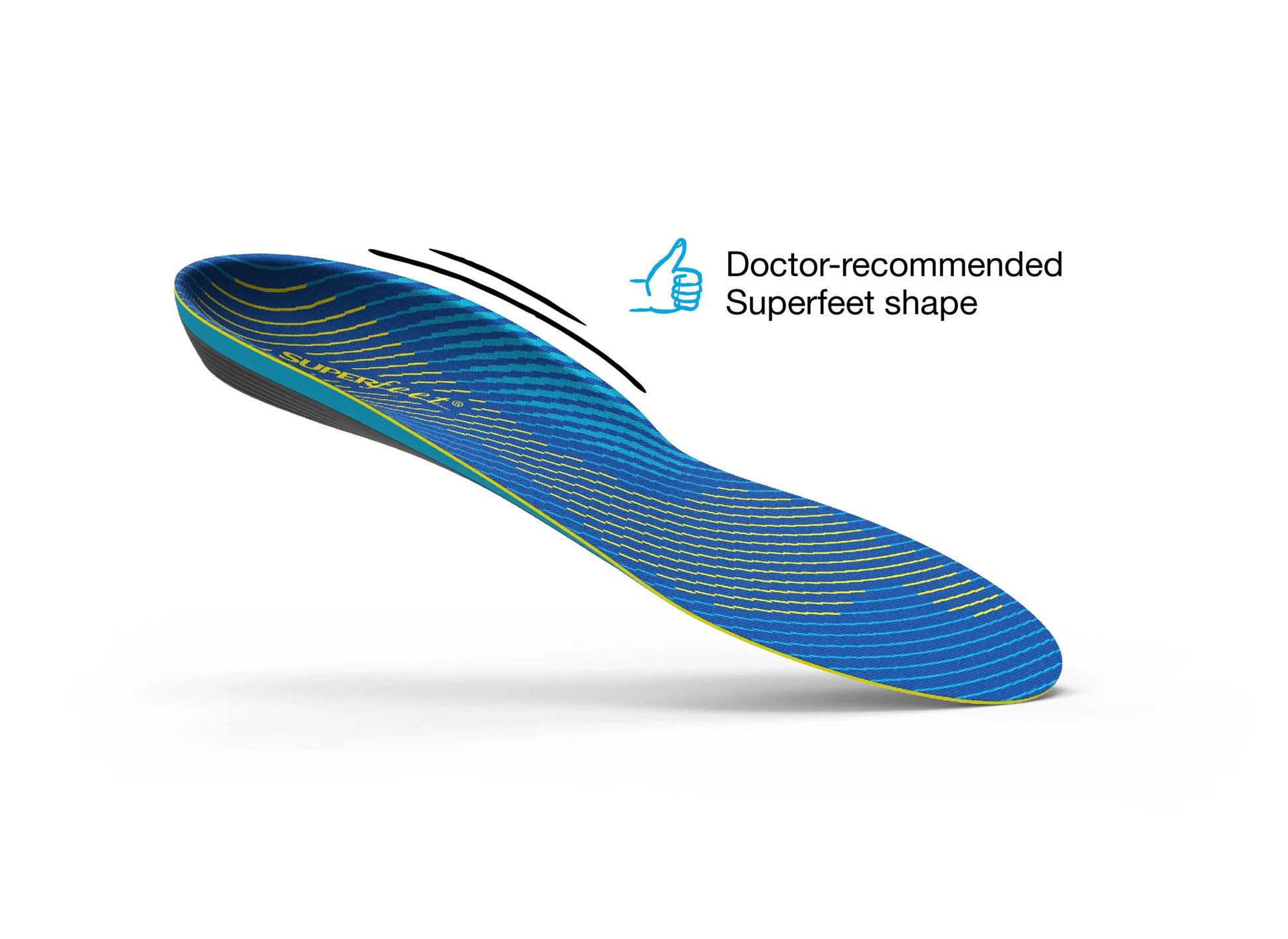 Blue shoe insole with 'Doctor-recommended Superfeet shape' text on a white background