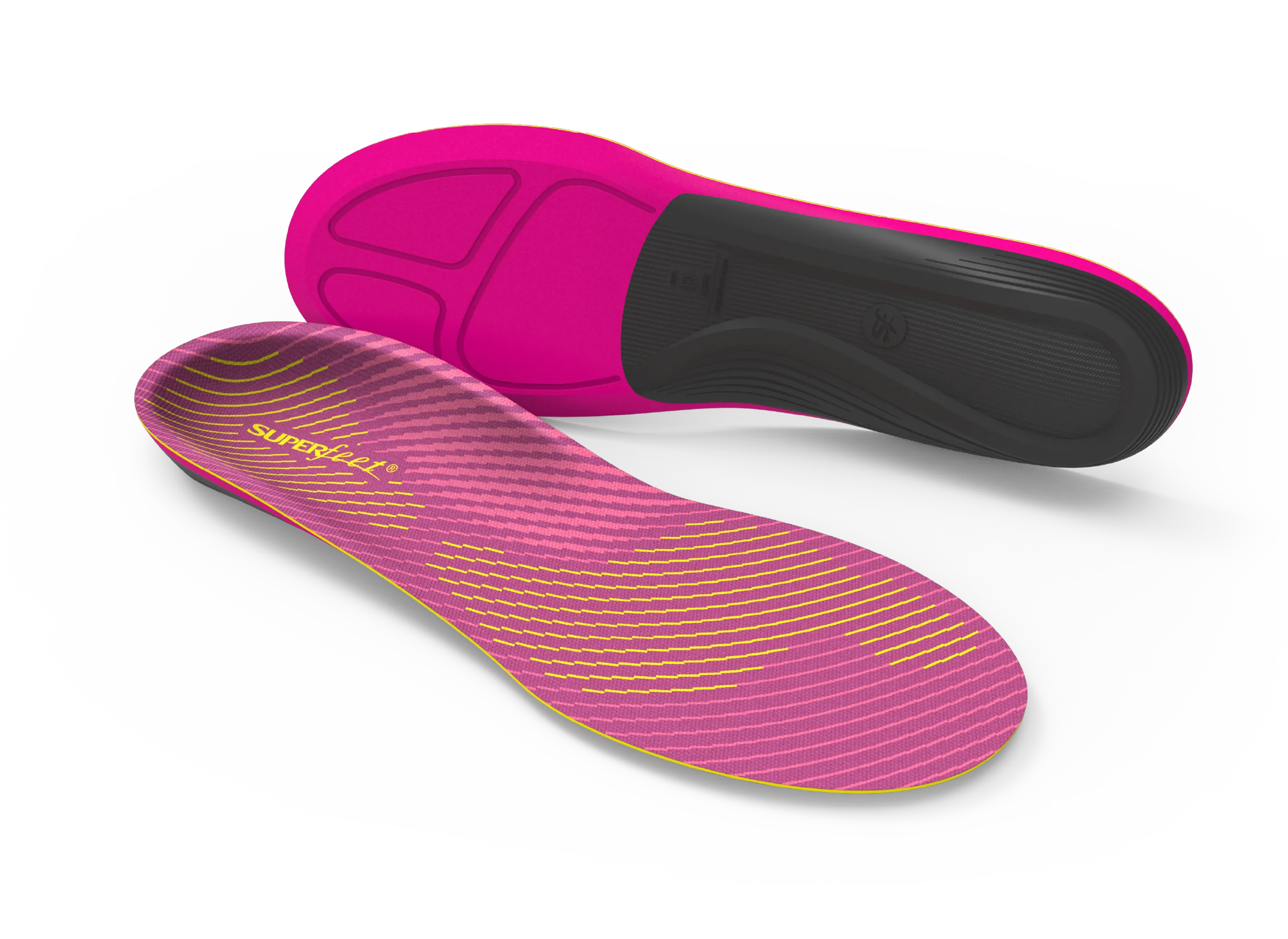 Pink and black shoe insoles on a white background
